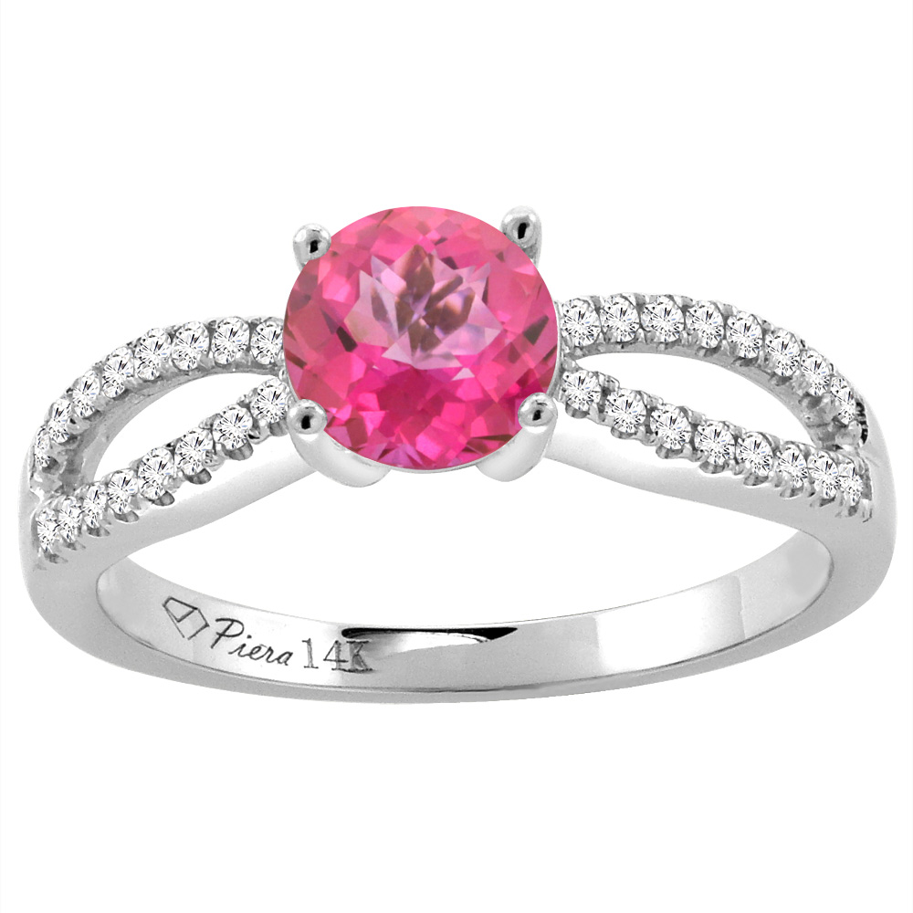 14K White Gold Diamond Natural Pink Topaz Engagement Ring Round 7 mm, sizes 5-10