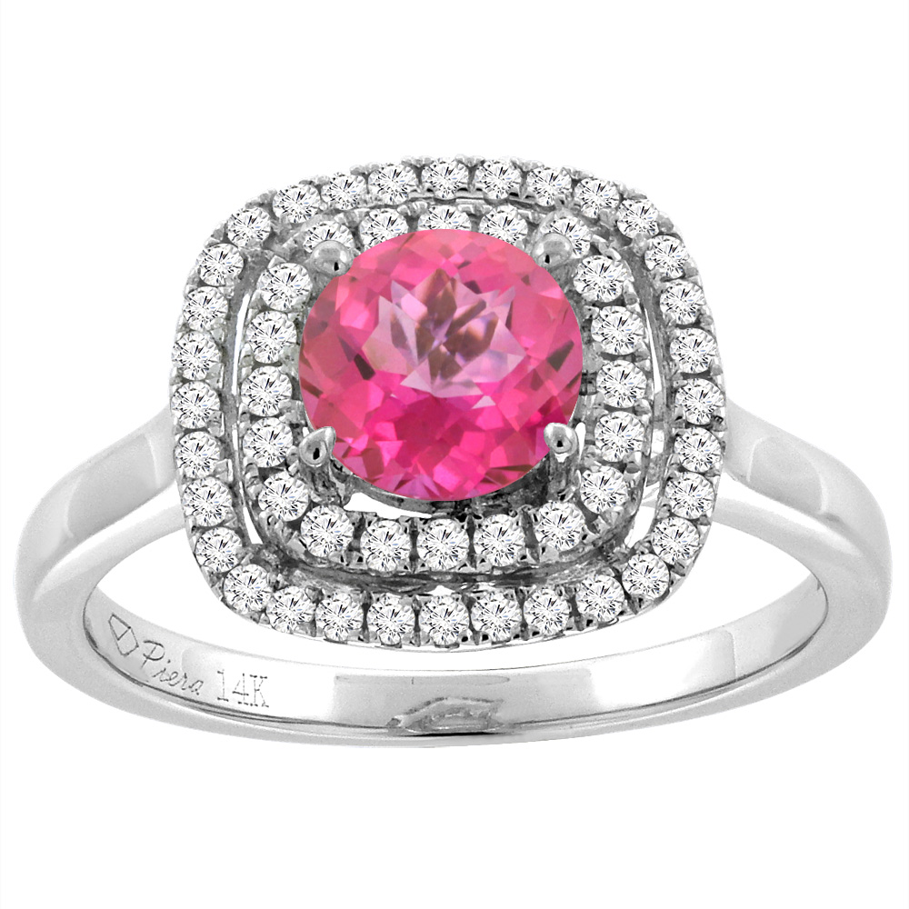 14K White Gold Natural Pink Topaz Double Halo Diamond Engagement Ring Round 7 mm, sizes 5-10