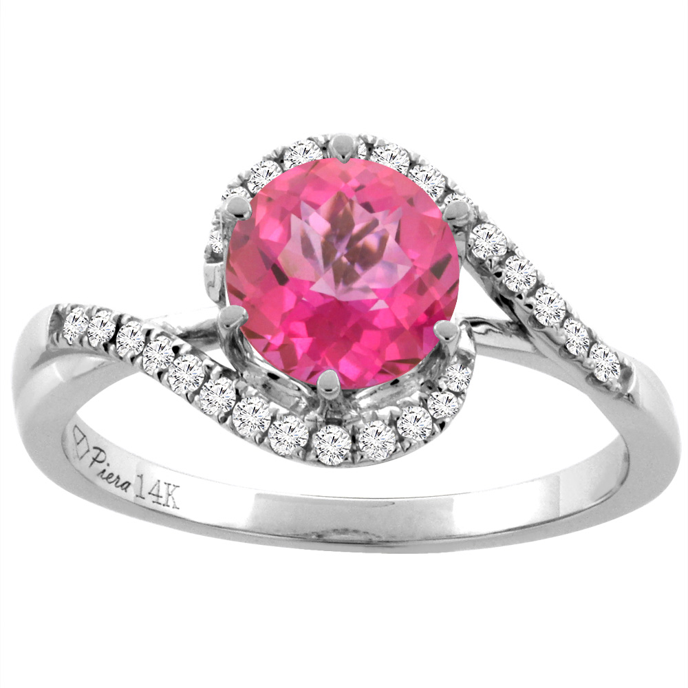 14K White Gold Diamond Natural Pink Topaz Bypass Engagement Ring Round 7 mm, sizes 5-10