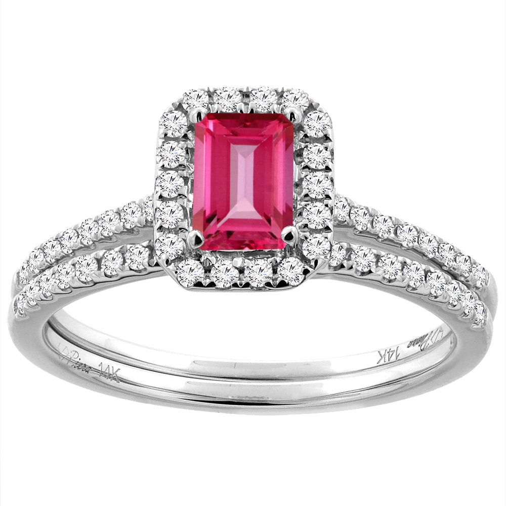 14K White/Yellow Gold Diamond Halo Natural Pink Topaz 2pc Engagement Ring Set Octagon 7x5 mm, sizes 5-10