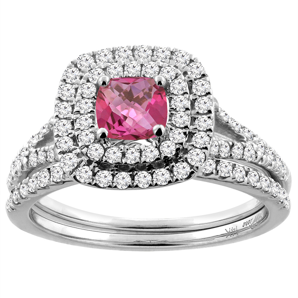 14K White Gold Diamond Halo Natural Pink Topaz 2pc Engagement Ring Set Cushion 6x6 mm, sizes 5-10