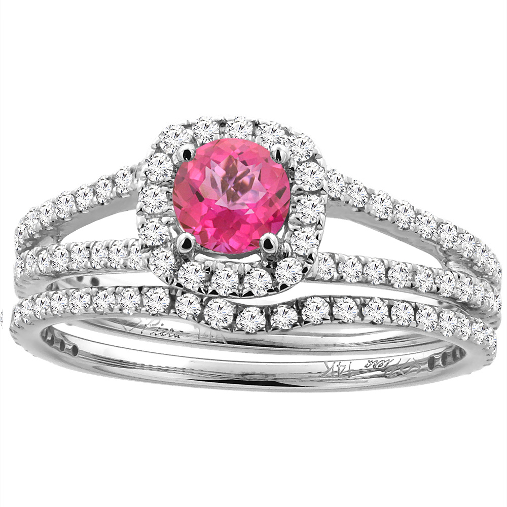 14K White Gold Diamond Halo Natural Pink Topaz 2pc Engagement Ring Set Round 5 mm, sizes 5-10