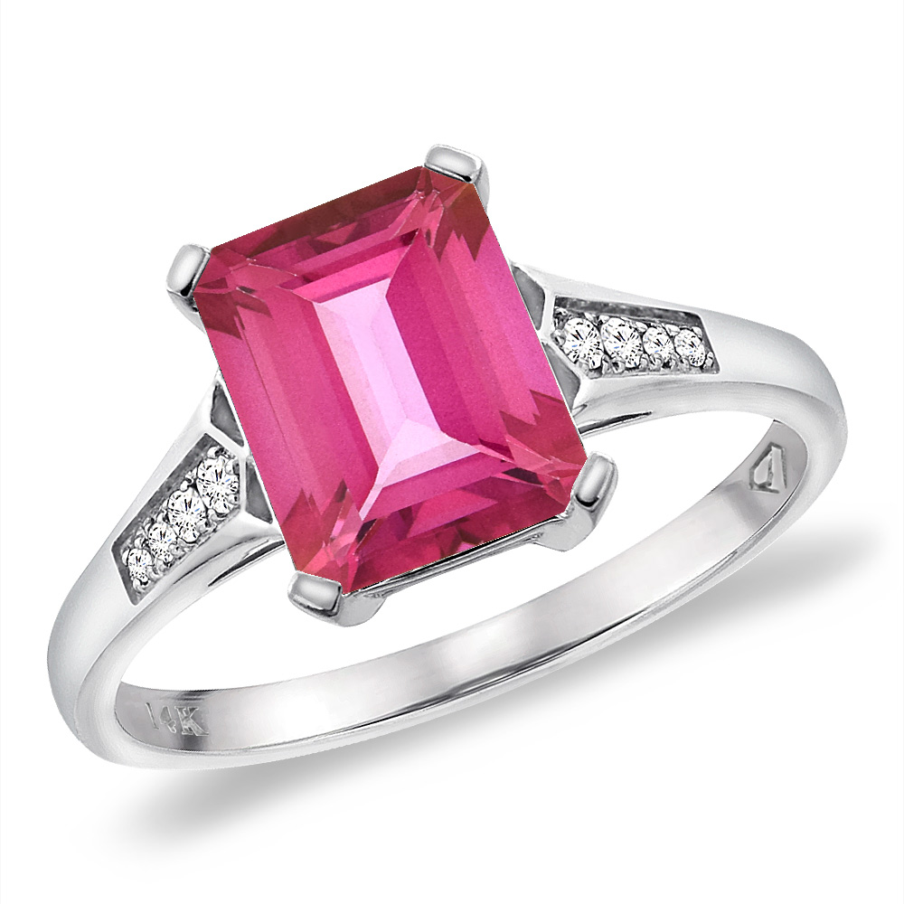 14K White Gold Natural Pink Topaz Ring 9x7 mm Octagon with Diamond Accent, sizes 5 -10