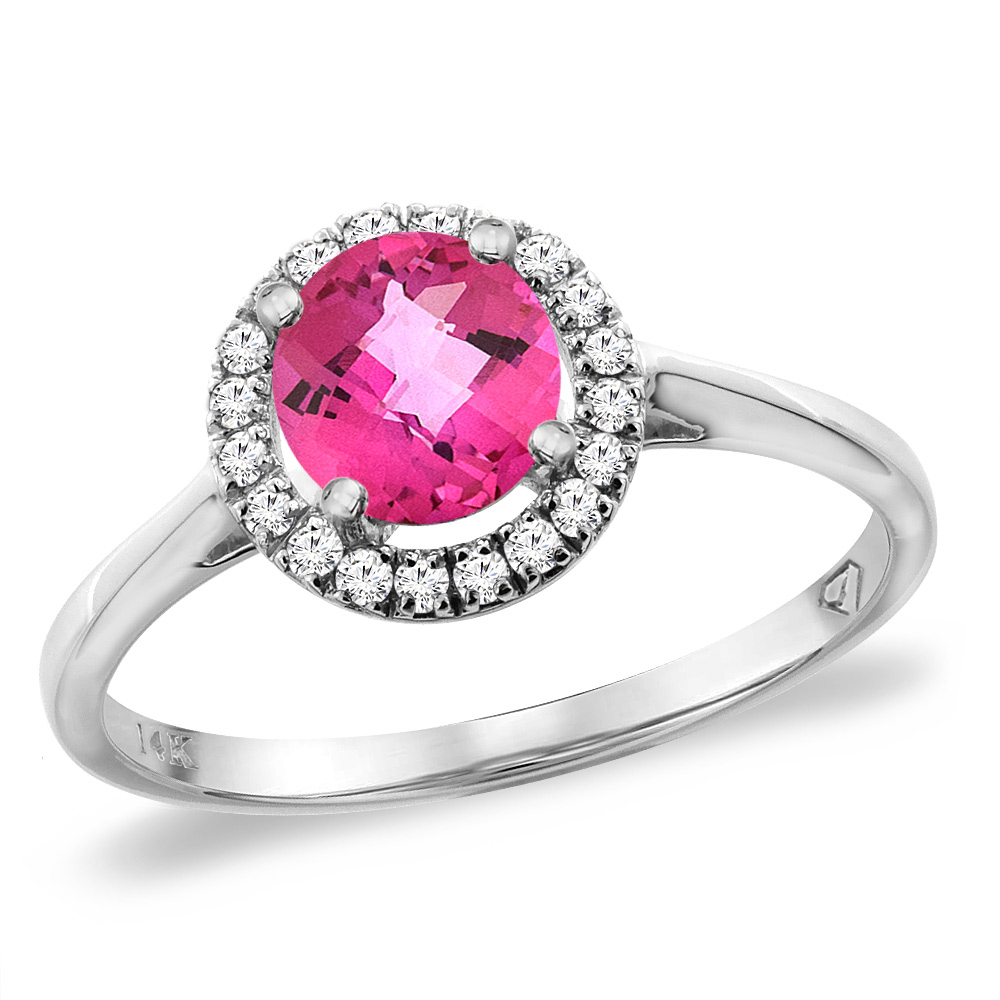 14K White Gold Diamond Halo Natural Pink Topaz Engagement Ring Round 6 mm, sizes 5 -10