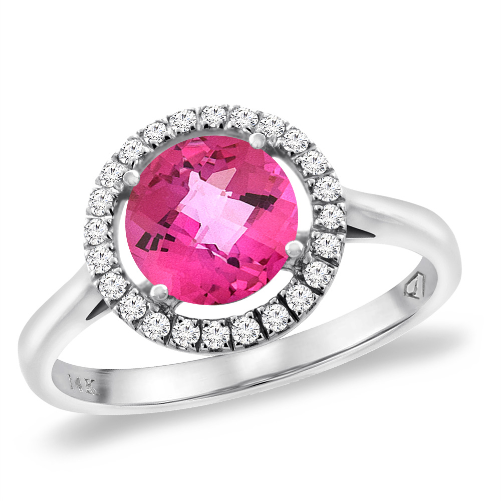 14K White Gold Natural Pink Topaz Halo Engagement Ring Round 8 mm, sizes 5 -10