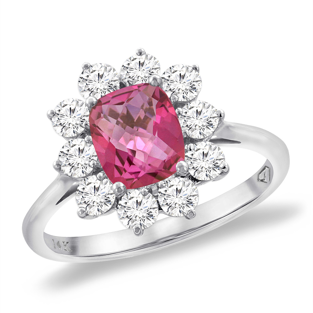 14K White Gold Diamond Natural Pink Topaz Engagement Ring 8x6 mm Cushion, sizes 5 -10