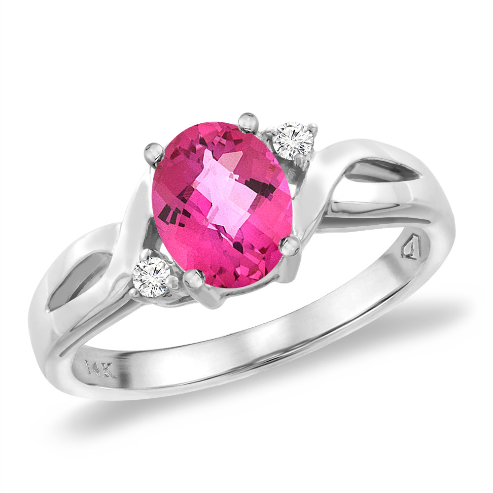 14K White Gold Diamond Natural Pink Topaz Engagement Ring Oval 8x6 mm, sizes 5 -10