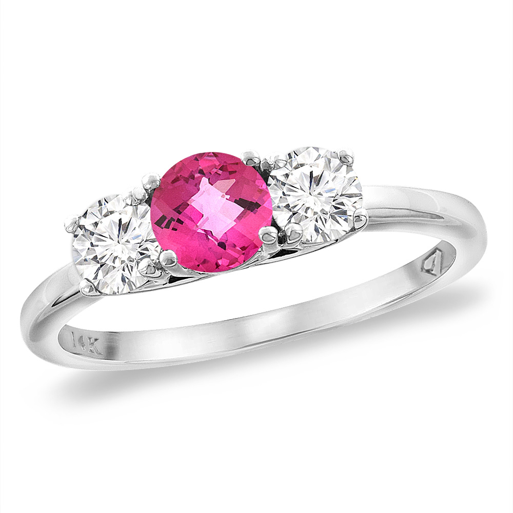 14K White Gold Diamond Natural Pink Topaz Engagement Ring 5mm Round, sizes 5 -10