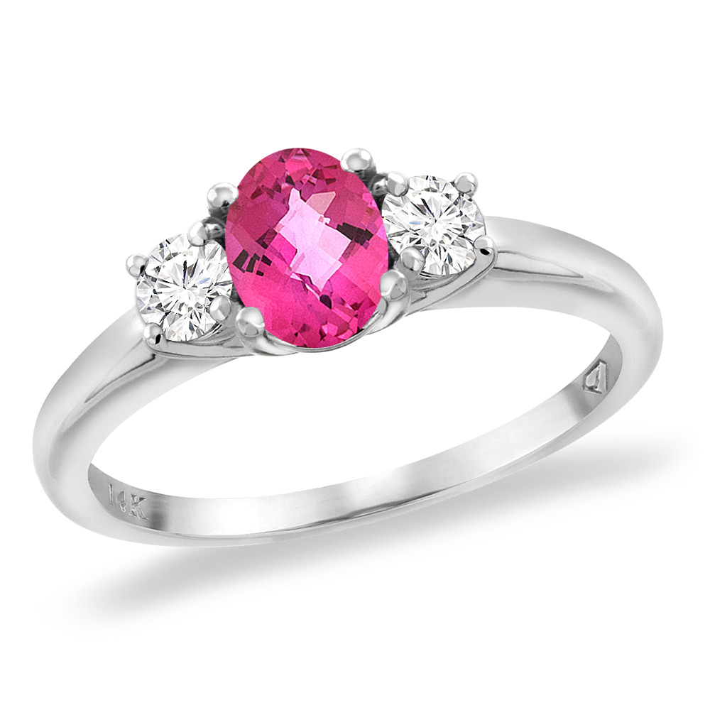 14K White Gold Natural Pink Topaz Engagement Ring Diamond Accents Oval 7x5 mm, sizes 5 -10