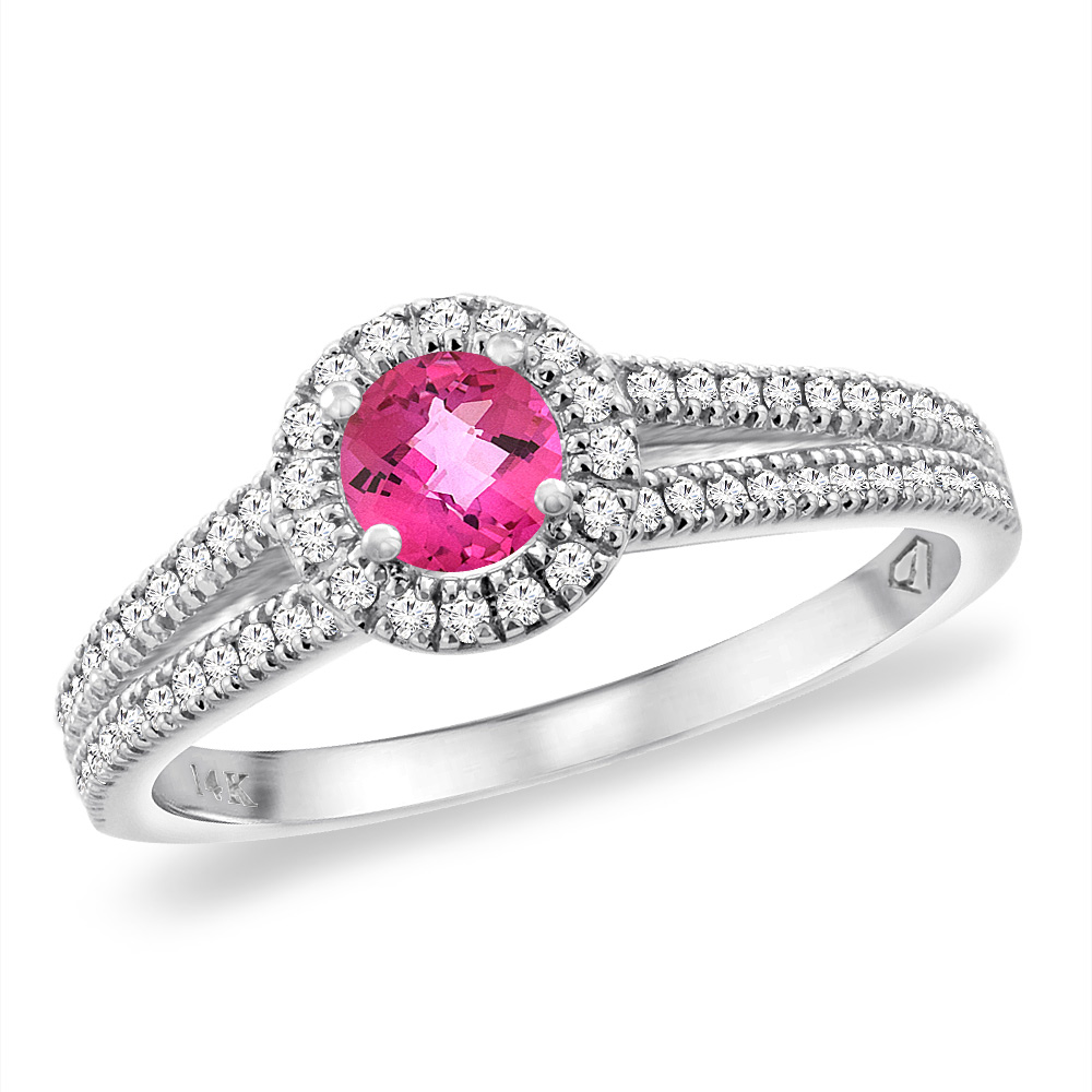14K White Gold Natural Pink Topaz Split Shank Diamond Halo Engagement Ring 4mm Round, sizes 5 -10