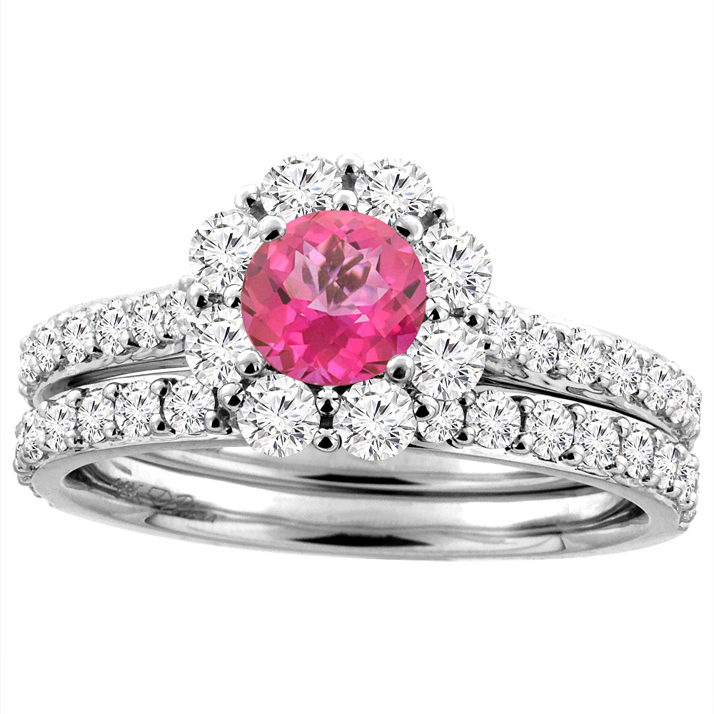 14K White Gold Diamond Natural Pink Topaz Halo Engagement Ring Set Round 5 mm, sizes 5-10
