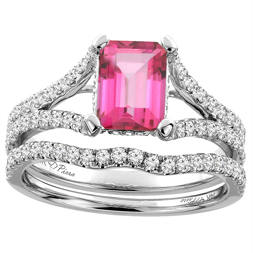 14K White Gold Natural Pink Topaz Engagement Ring Set Emerald 8x6 mm, sizes 5-10
