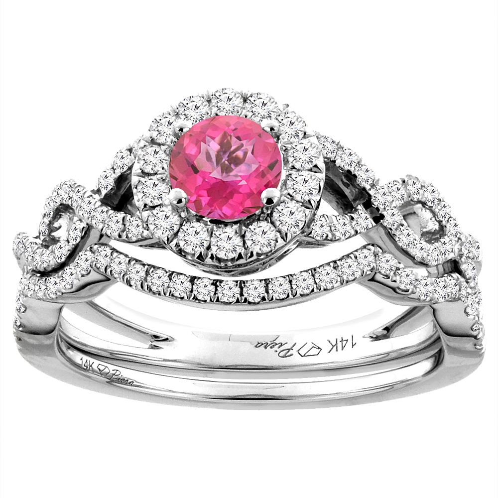 14K White Gold Diamond Natural Pink Topaz Halo Engagement Bridal Ring Set Round 5 mm, sizes 5-10