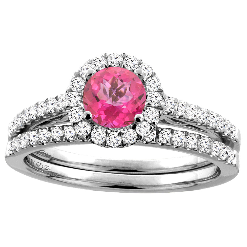 14K White Gold Diamond Natural Pink Topaz Halo Engagement Bridal Ring Set Round 6 mm, sizes 5-10