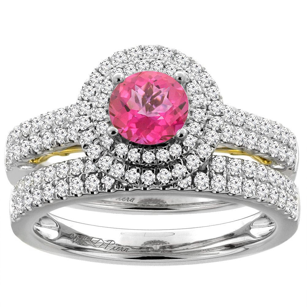 14K White Gold Diamond Natural Pink Topaz Halo Engagement Ring Set Round 6 mm, sizes 5-10
