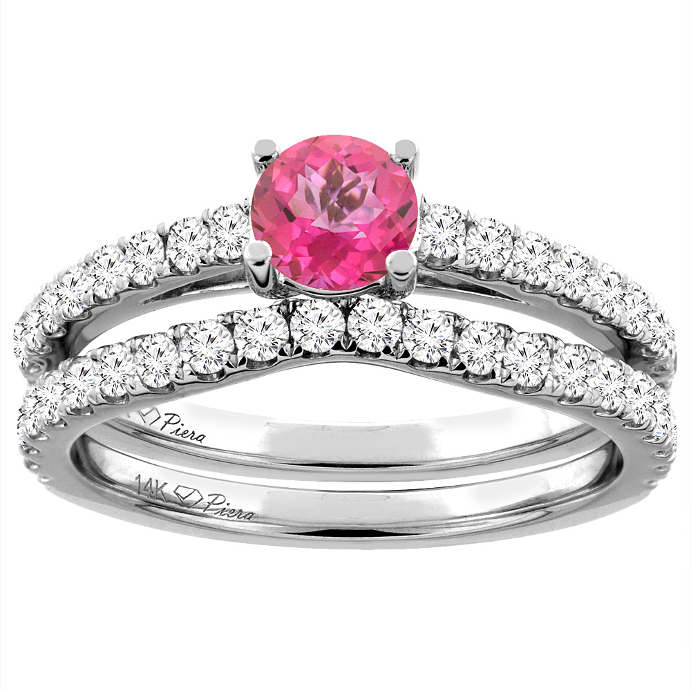 14K White Gold Diamond Natural Pink Topaz Engagement Bridal Ring Set Round 6 mm, sizes 5-10