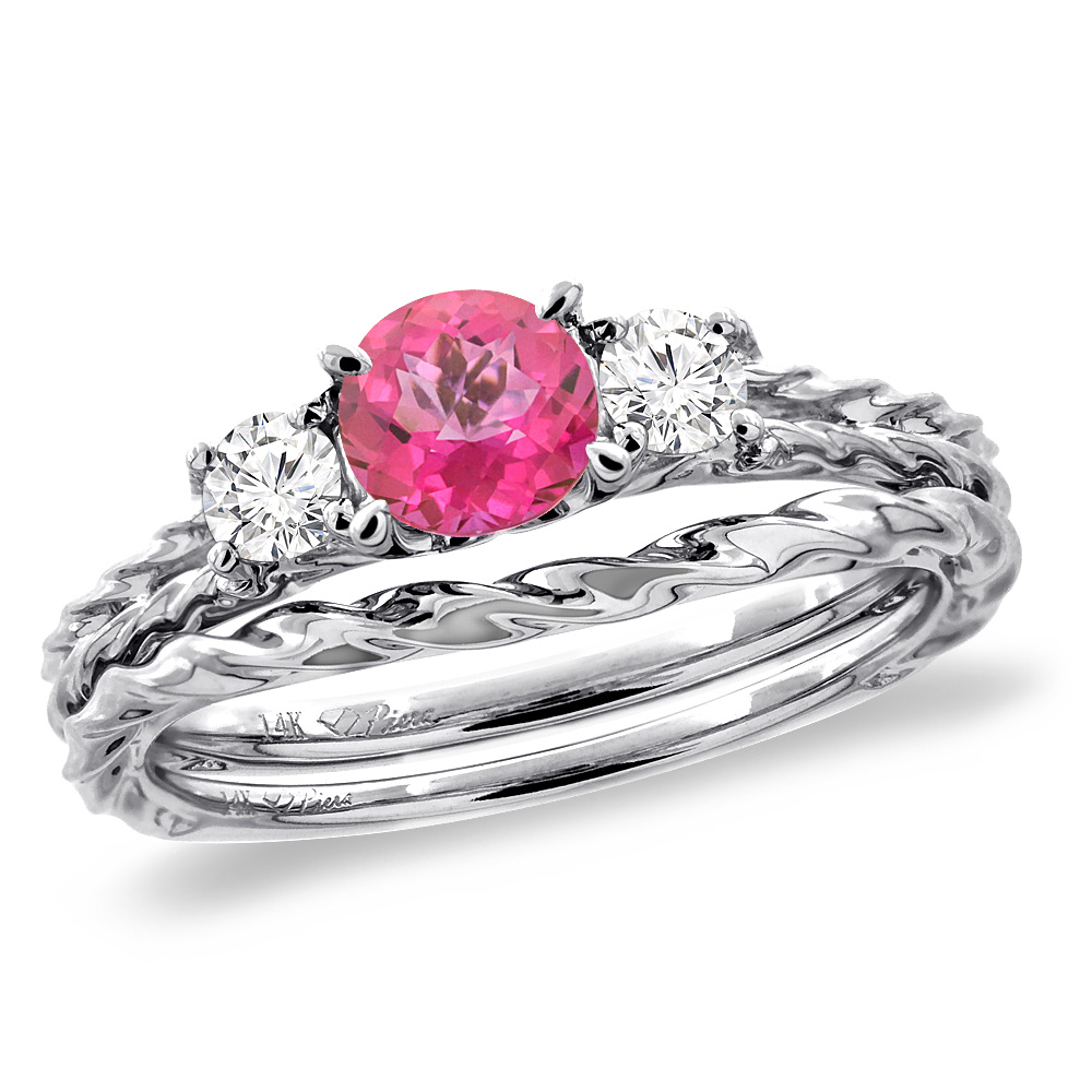 14K White Gold Diamond Natural Pink Topaz 2pc Engagement Ring Set Round 6mm Twisted, sizes 5-10
