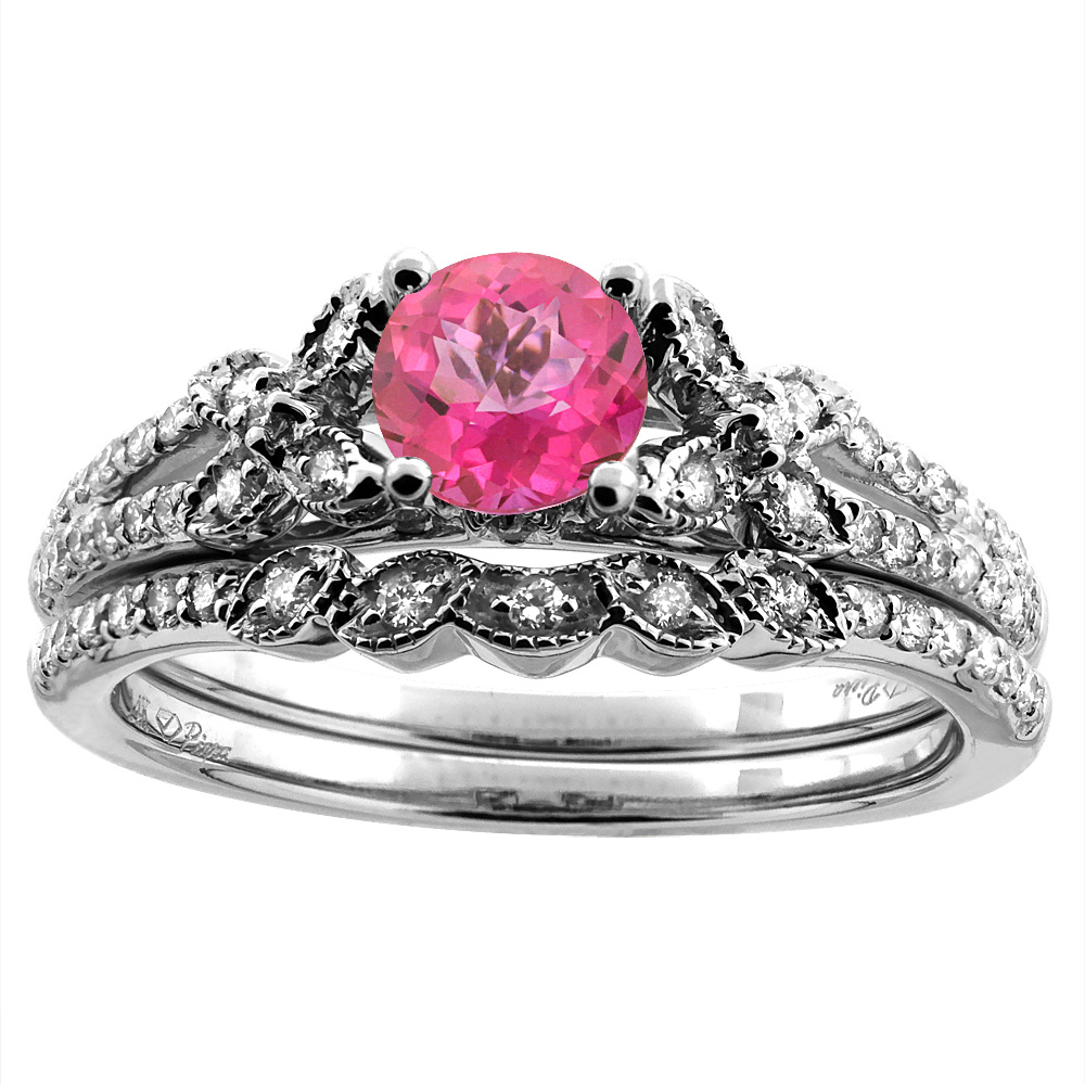 14K White/Yellow Gold Floral Diamond Natural Pink Topaz 2pc Engagement Ring Set Round 5 mm, sizes 5-10