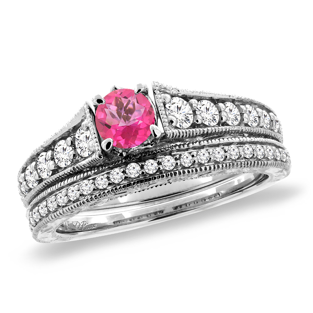 14K White Gold Diamond Natural Pink Topaz 2pc Engagement Ring Set Round 5 mm, sizes 5-10