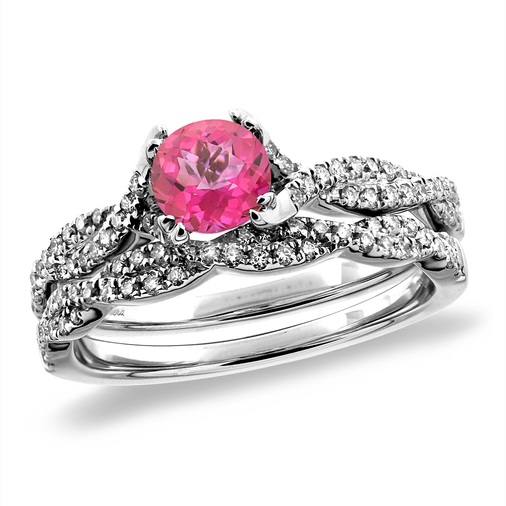 14K White/Yellow Gold Diamond Natural Pink Topaz 2pc Infinity Engagement Ring Set Round 5 mm, sizes 5-10