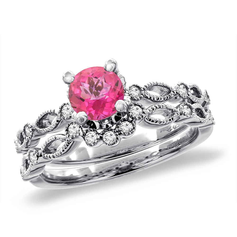 14K White Gold Diamond Natural Pink Topaz 2pc Engagement Ring Set Round 5 mm, sizes 5 - 10