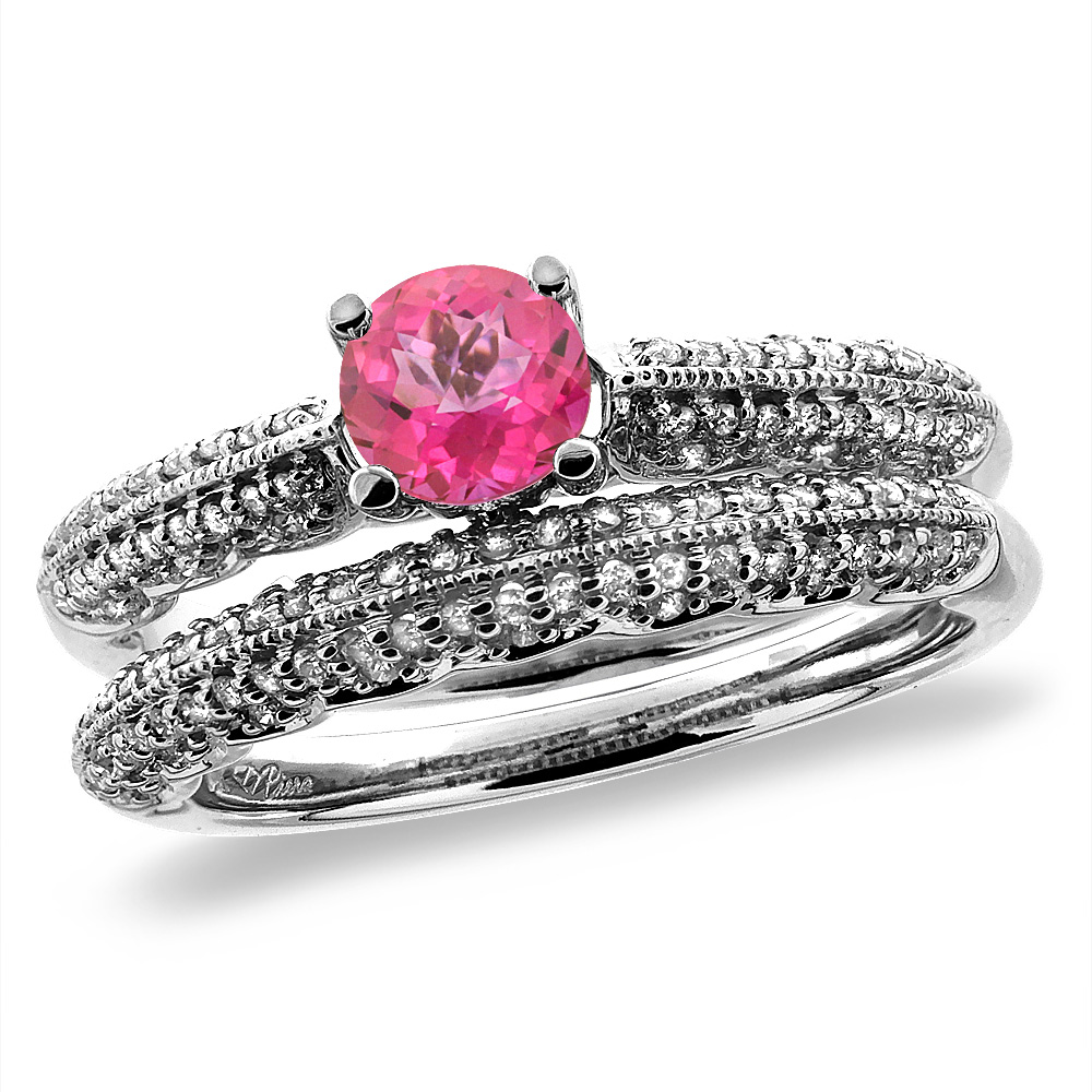 14K White/Yellow Gold Diamond Natural Pink Topaz 2pc Engagement Ring Set Round 5 mm, sizes 5-10
