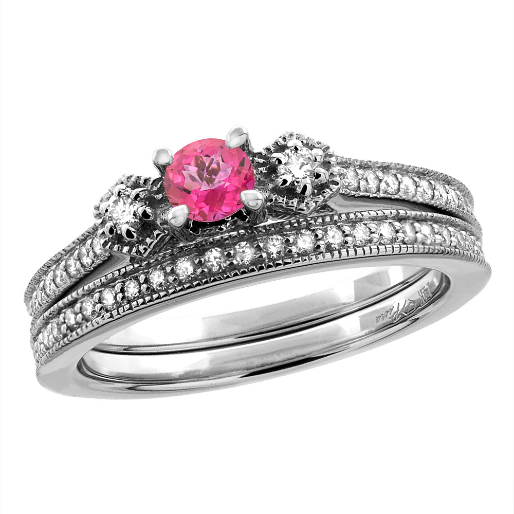 14K White/Yellow Gold Diamond Natural Pink Topaz 2pc Engagement Ring Set Round 4 mm, sizes 5 - 10