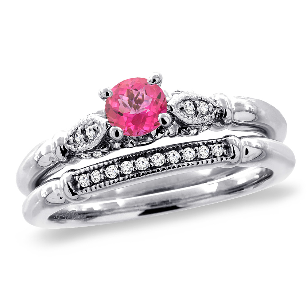 14K White Gold Diamond Natural Pink Topaz 2pc Engagement Ring Set Round 4 mm, sizes 5 - 10