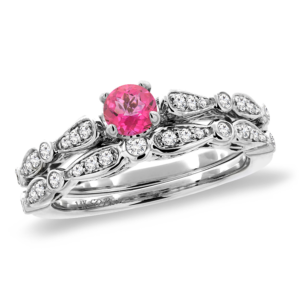 14K White Gold Diamond Natural Pink Topaz 2pc Engagement Ring Set Round 4 mm, size5-10