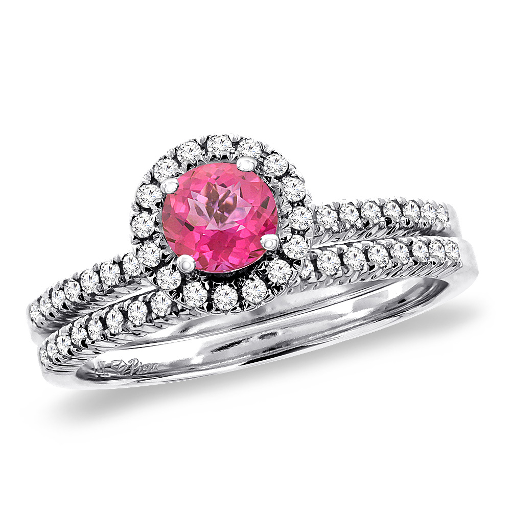 14K White Gold Diamond Natural Pink Topaz 2pc Halo Engagement Ring Set Round 4 mm, size5-10