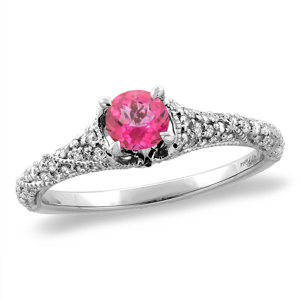 14K White/Yellow Gold Diamond Natural Pink Topaz Engagement Ring Round 4 mm, sizes 5 -10
