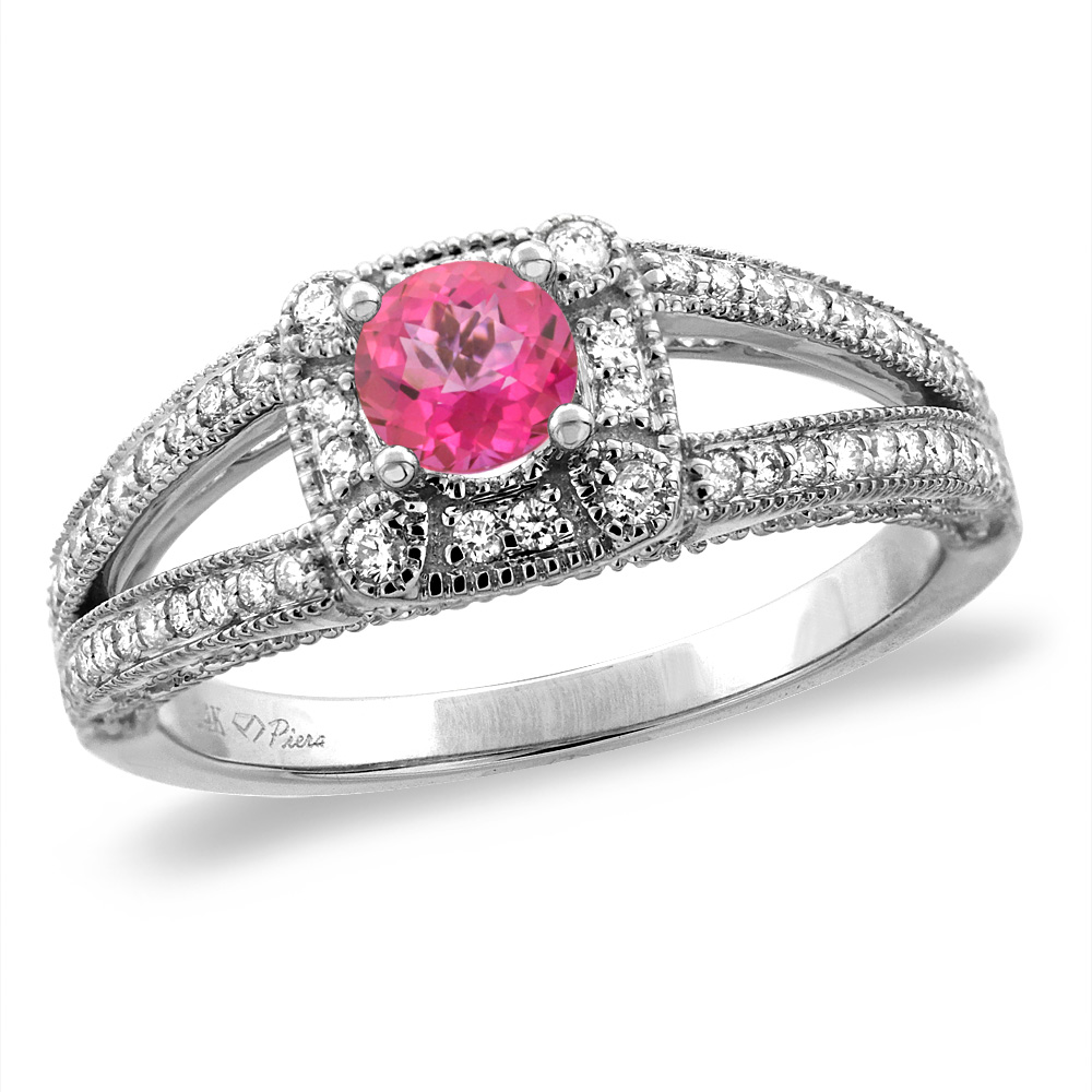 14K White/Yellow Gold Diamond Natural Pink Topaz Halo Engagement Ring Split Shank Round 4 mm, sizes 5 -10