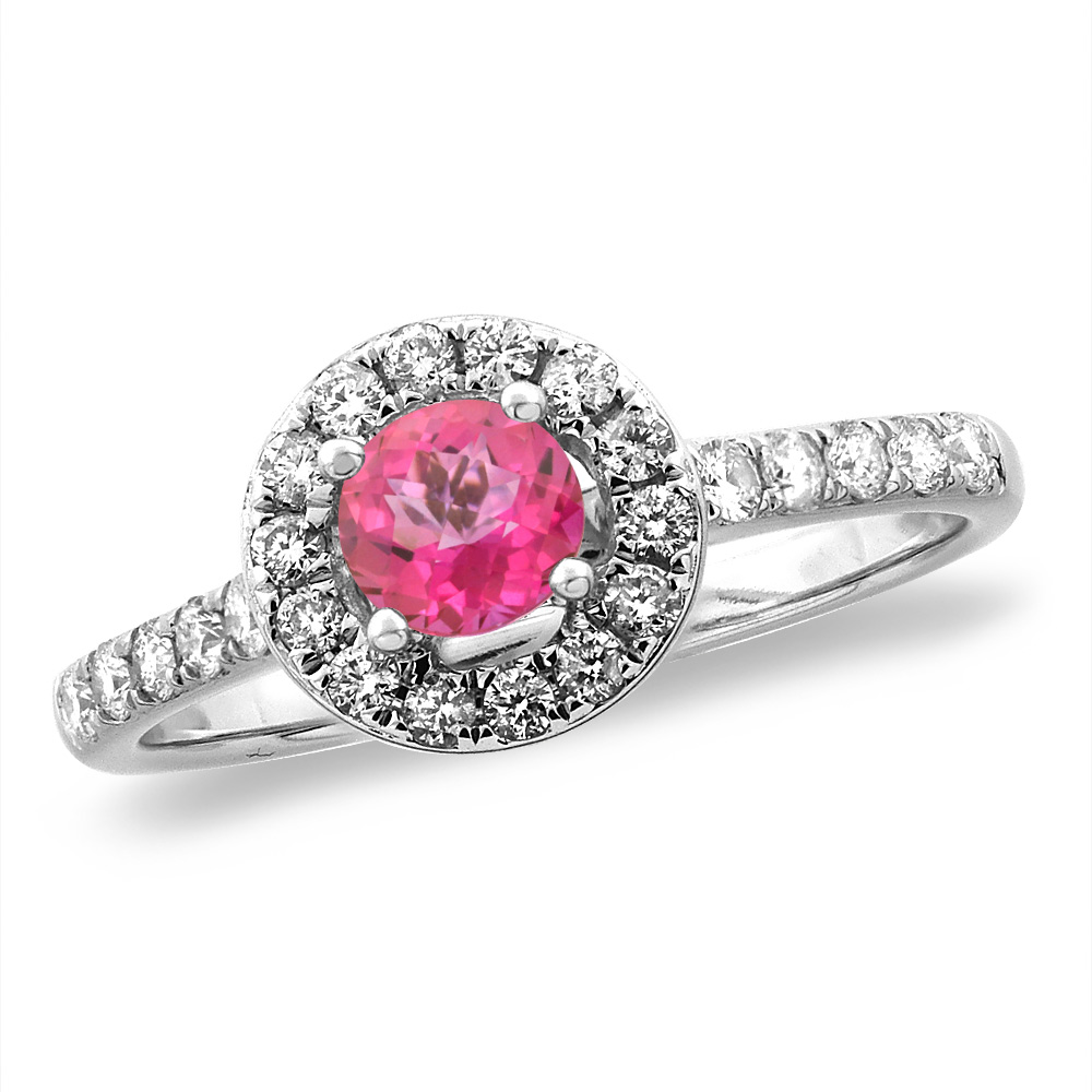 14K White/Yellow Gold Diamond Natural Pink Topaz Halo Engagement Ring Round 4 mm, sizes 5 -10