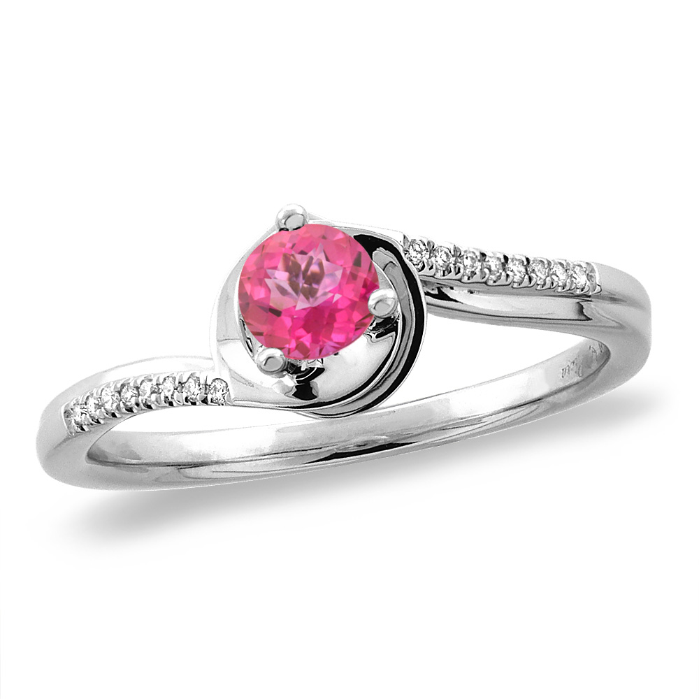 14K White/Yellow Gold Diamond Natural Pink Topaz Bypass Engagement Ring Round 4 mm, sizes 5 -10