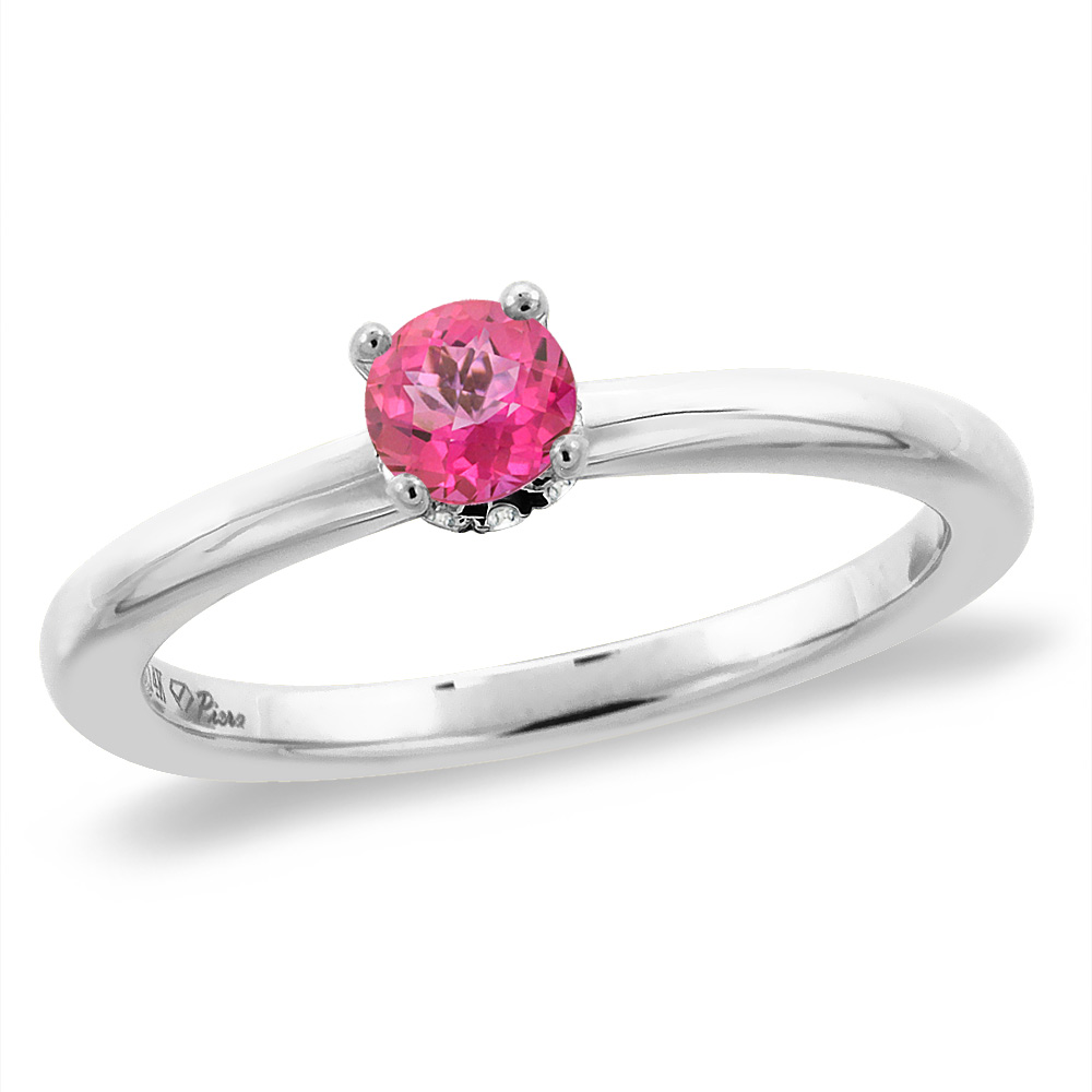14K White Gold Diamond Natural Pink Topaz Solitaire Engagement Ring Round 4 mm, sizes 5 -10