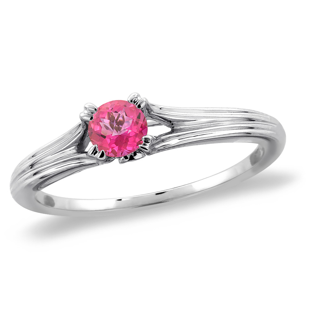 14K White Gold Diamond Natural Pink Topaz Solitaire Engagement Ring Round 5 mm, sizes 5 -10