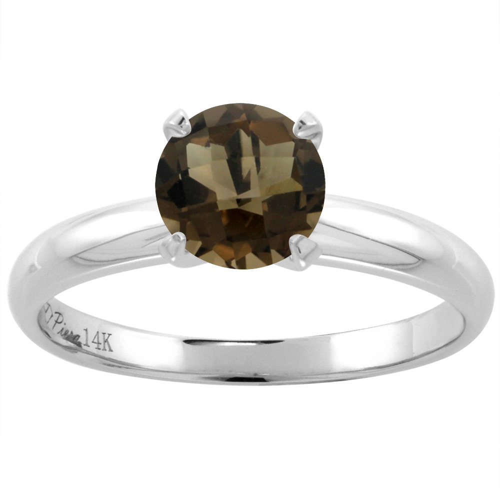 14K White Gold Natural Smoky Topaz Solitaire Engagement Ring Round 7 mm, sizes 5-10