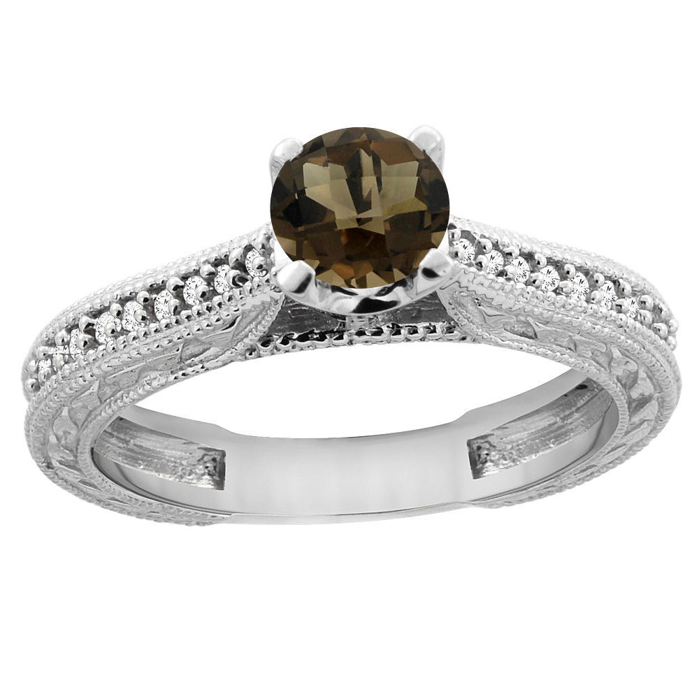 14K White Gold Natural Smoky Topaz Round 5mm Engraved Engagement Ring Diamond Accents, sizes 5 - 10
