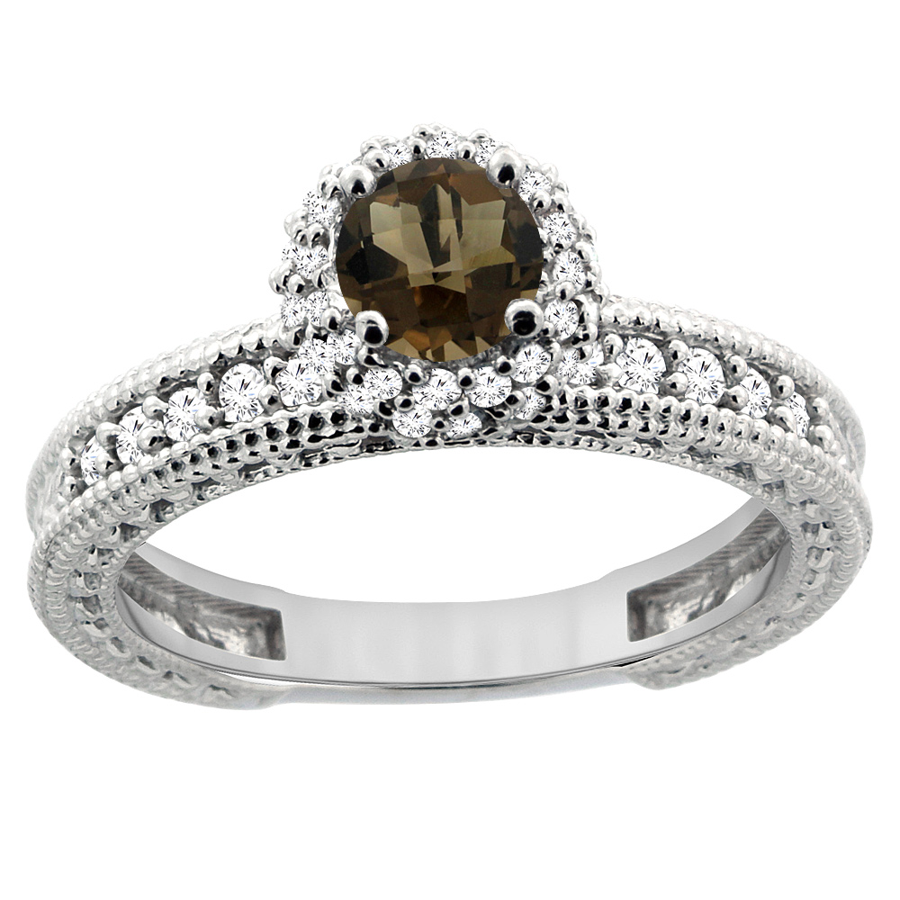 14K White Gold Natural Smoky Topaz Round 5mm Engagement Ring Diamond Accents, sizes 5 - 10