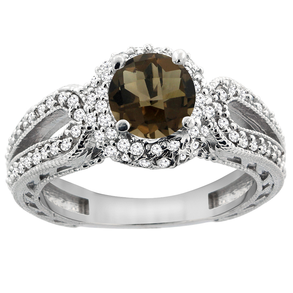 14K White Gold Natural Smoky Topaz Engagement Ring Round 6mm Engraved Split Shank Diamond Accents, sizes 5 - 10