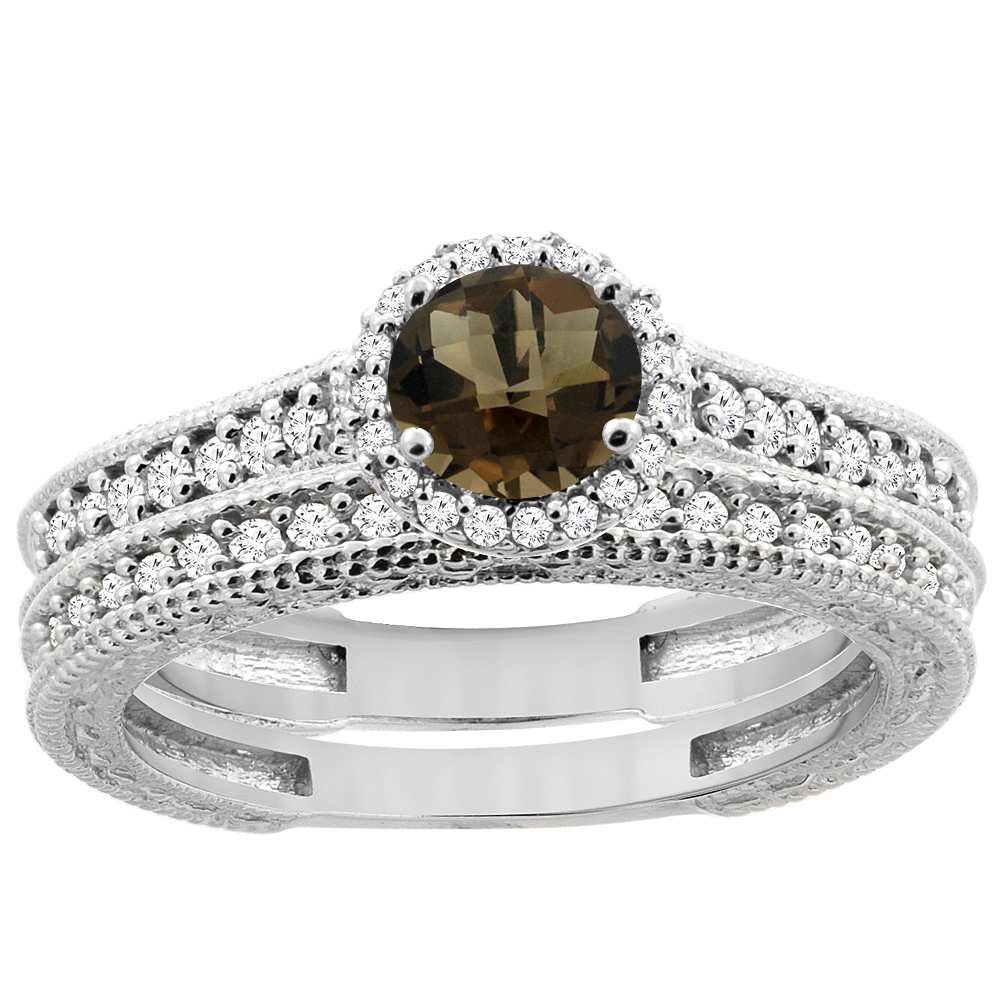 14K White Gold Natural Smoky Topaz Round 5mm Engagement Ring 2-piece Set Diamond Accents, sizes 5 - 10