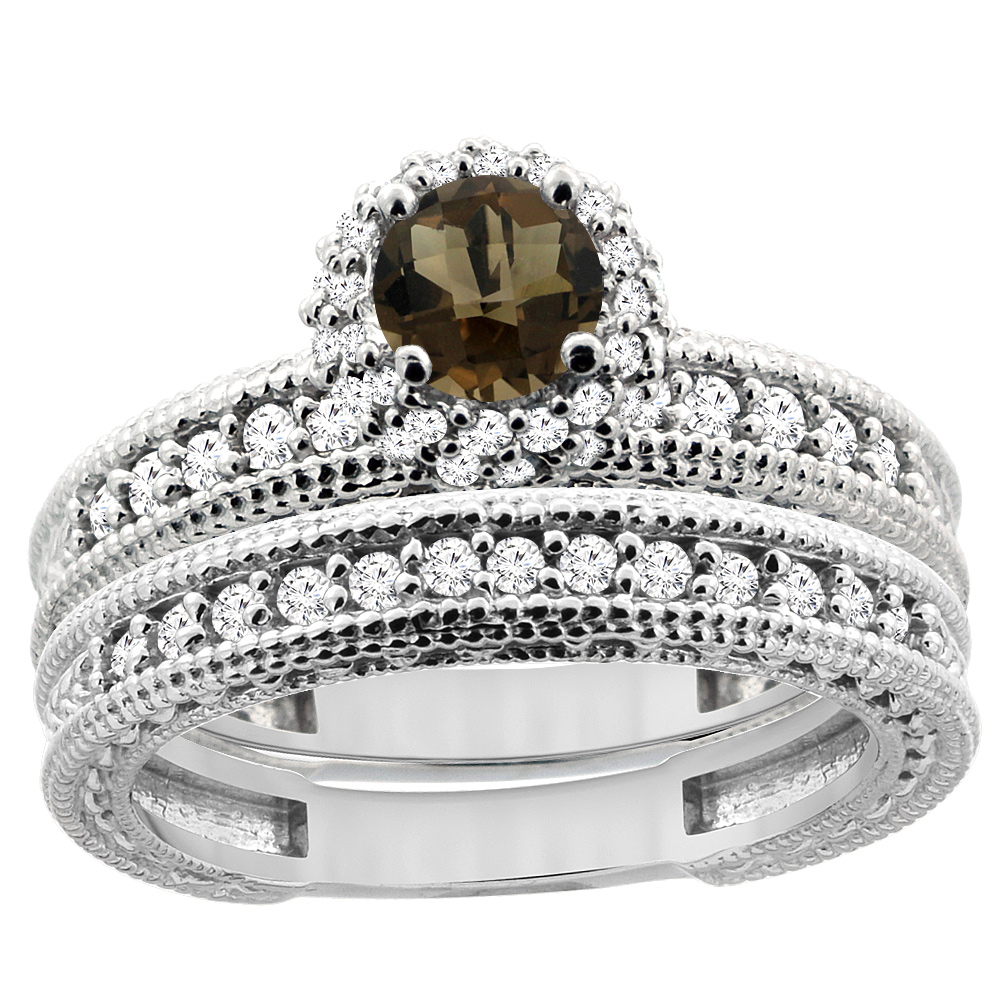 14K White Gold Diamond Natural Smoky Topaz Round 4mm Engagement Ring 2-piece Set, sizes 5 - 10