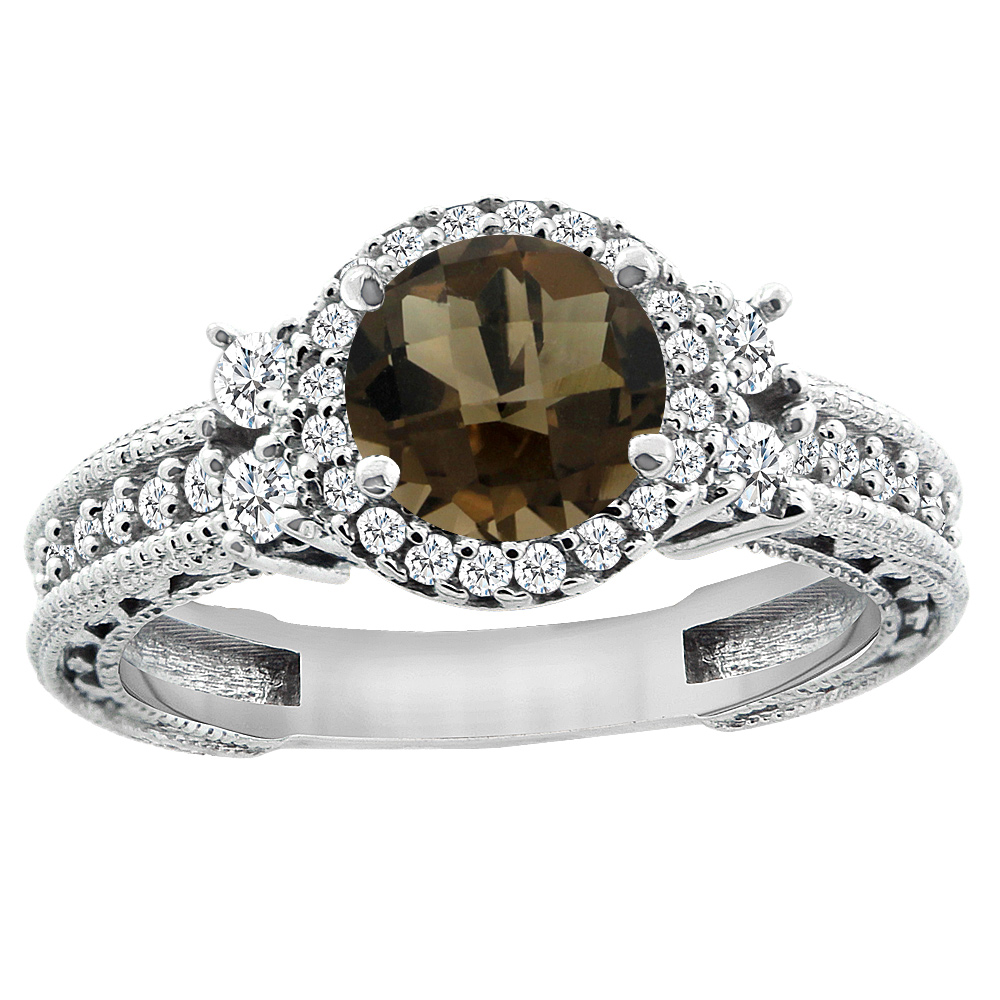 14K White Gold Natural Smoky Topaz Halo Engagement Ring Round 6mm Diamond Accents, sizes 5 - 10