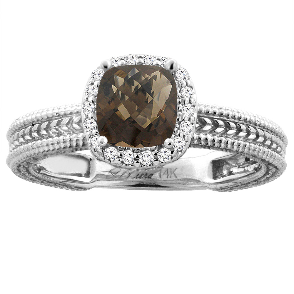 14K White Gold Diamond Natural Smoky Topaz Engagement Ring Cushion 7x7 mm, sizes 5-10