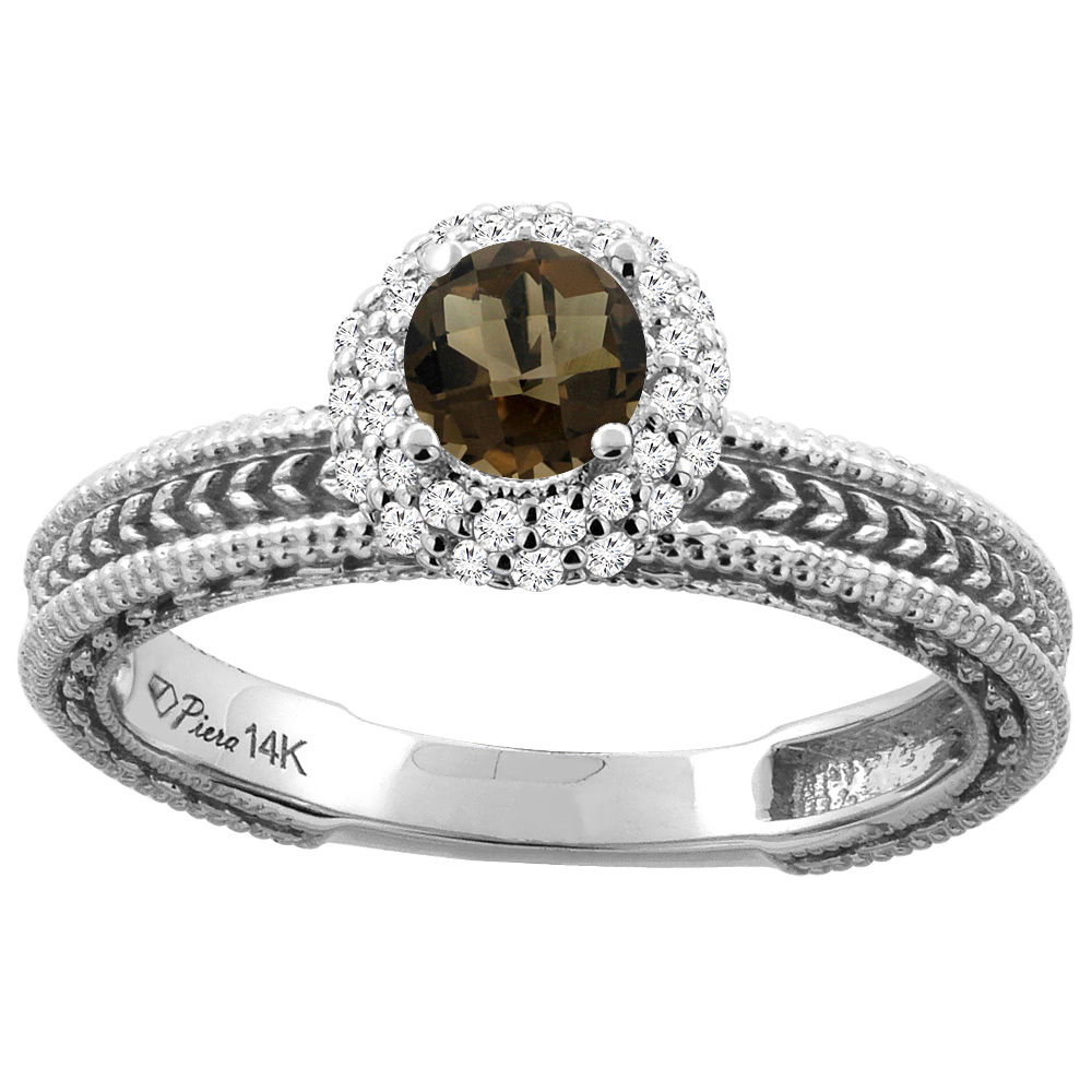 14K White Gold Natural Smoky Topaz & Diamond Engagement Ring Round 5 mm, sizes 5-10