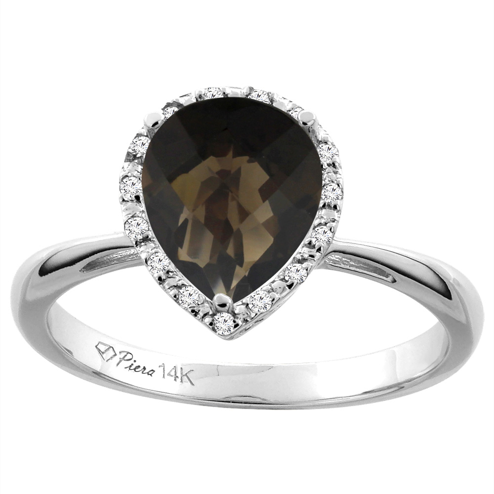 14K White Gold Natural Smoky Topaz &amp; Diamond Halo Engagement Ring Pear Shape 9x7 mm, sizes 5-10
