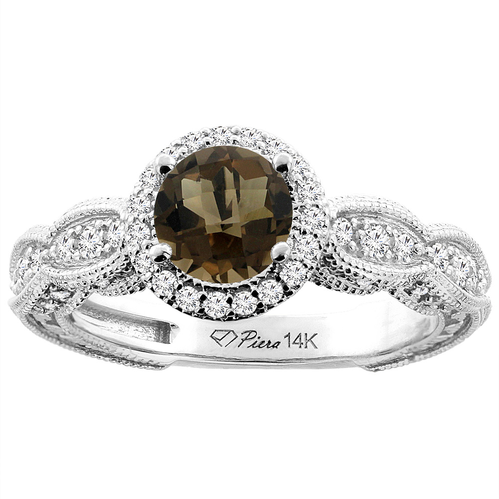 14K White Gold Natural Smoky Topaz & Diamond Halo Ring Round 6 mm, sizes 5-10