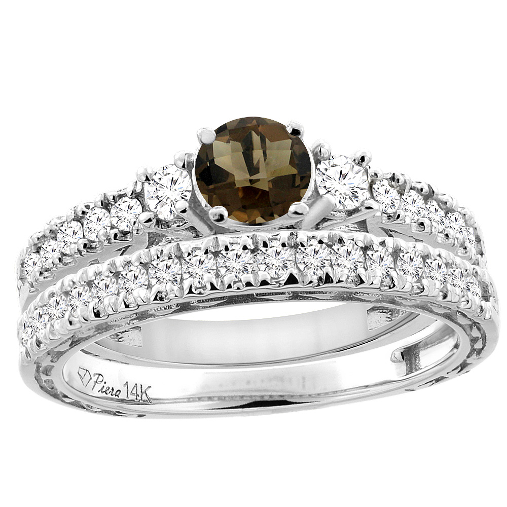 14K Yellow Gold Diamond Natural Smoky Topaz Engagement 2-pc Ring Set Engraved Round 6 mm, sizes 5 - 10
