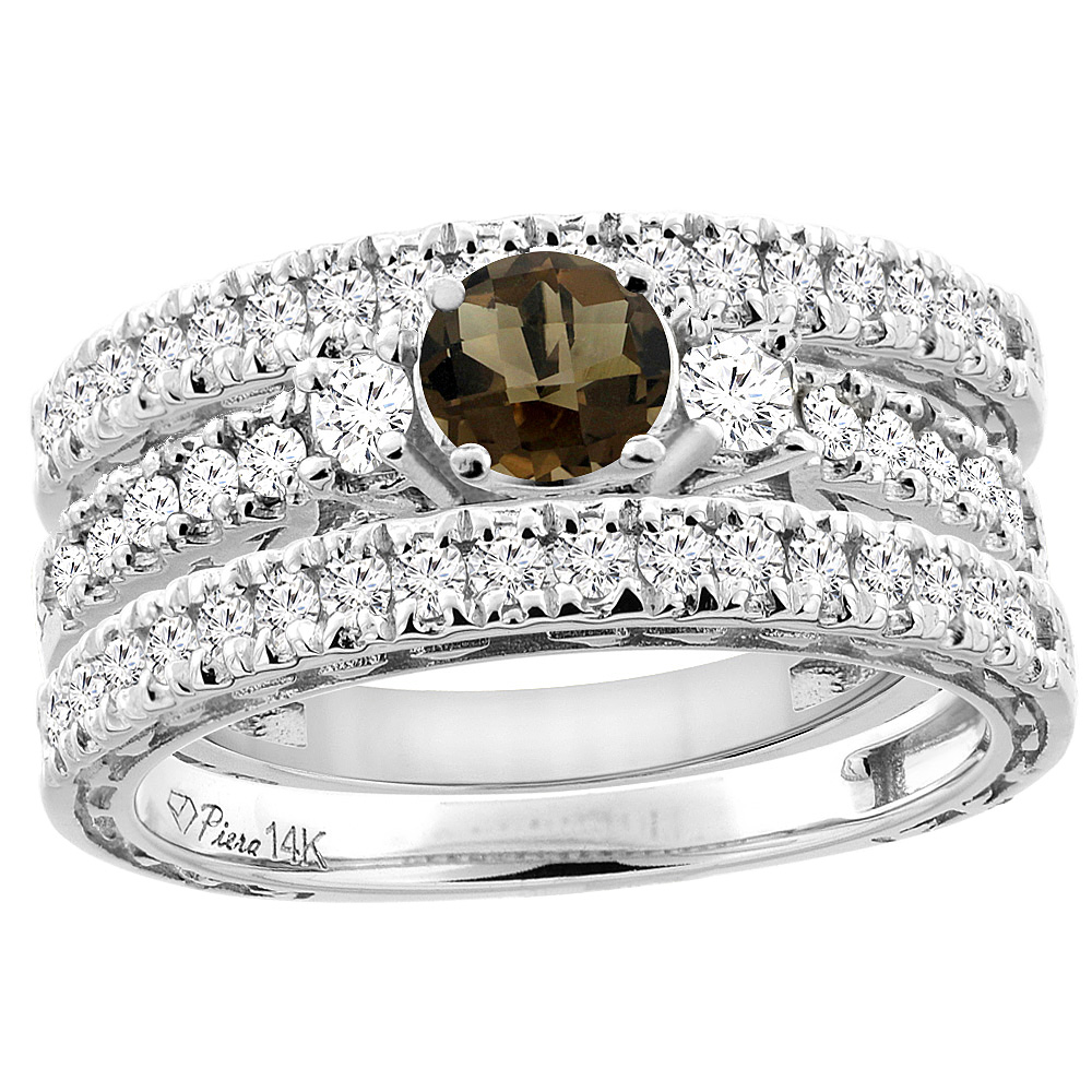 14K White Gold Diamond Natural Smoky Topaz Engagement 3-pc Ring Set Engraved Round 6 mm, sizes 5 - 10