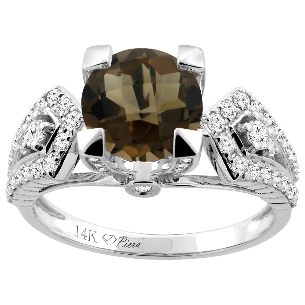 14K Gold Natural Smoky Topaz Ring Round 7 mm Diamond Accents, sizes 5 - 10